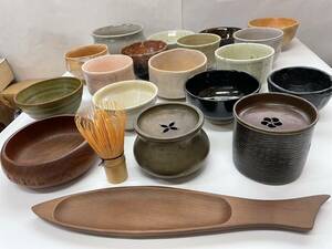 茶道具まとめ売り 抹茶椀15個 茶こぼし2個 陶器 木製トレイ 骨董品 