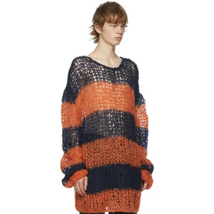 ラフシモンズ　Raf Simons 20AW Navy and Orange Mohair Stripe Punk Sweater モヘヤ　オーバーサイズ カートコバーン　ボーダー　ニット