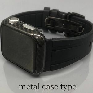 メタル カーボン　ブラック★アップルウォッチバンド Carbon カバー　ラバーベルト　Apple Watch ケース　45mm 49mm ultra ウルトラ