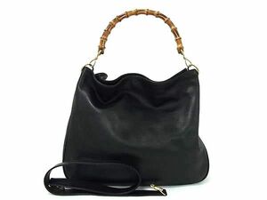 1円 ■美品■ GUCCI グッチ 001 1577 002058 バンブー レザー 2WAY ハンドバッグ ショルダー 肩掛けかばん レディース ブラック系 FC4695