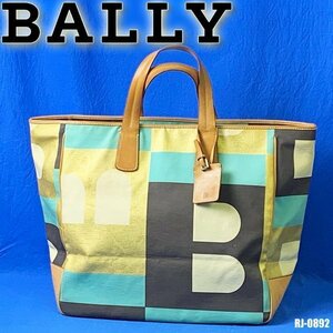 バリー ビジーB トートバッグ キャンバス カーフ レザー 本革 ハンドバッグ BALLY ゴールド マルチカラー A4サイズ