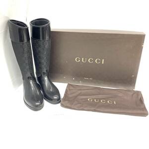 送料無料h58163 GUCCI グッチ GG柄 ラバー ロング レインブーツ 長靴 ブランド 38 黒 ブラック レディース 袋 箱付き