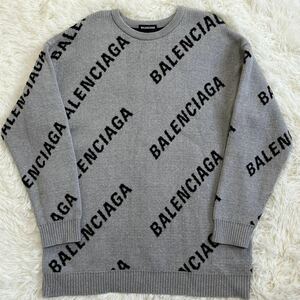 極美品 バレンシアガ 【圧巻のデザイン】 BALENCIAGA ニット セーター トップス ロゴ 総柄 メンズ グレー サイズM