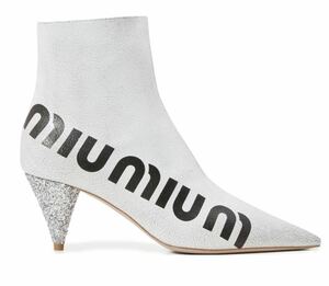 美品 MIU MIU アンクルブーツ ビジューヒール 37 白レザー