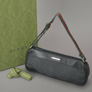 1円 未使用同様 GUCCI グッチ シェリーライン アクセサリーポーチ ハンドバッグ キャンバス レザー ブラック 92820 ミニバッグ 鞄 Mb.k