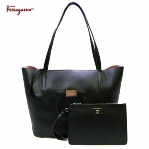 超美品 サルヴァトーレ フェラガモ Salvatore Ferragamo レザー トート ショルダー バッグ 黒 ポーチ付き ガンチーニ 【329870】