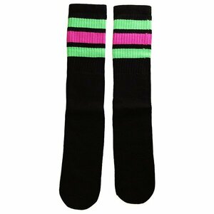SkaterSocks ロングソックス 靴下 スケボー Knee high Black tube socks with Neon Green-Hot Pink stripes style 1 (22インチ)