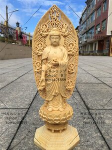 総檜材　仏教工芸品　木彫仏教　精密彫刻　薬師如来立像 仏像 43CM