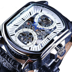 腕時計 メンズ FORSINING 高級海外ブランド レザー 機械式 スケルトン スチームパンク レトロ 自動巻き ホワイトDJ1106