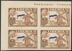 外国切手　リベリア　未使用　1958年　タブマン大統領訪欧　オランダ　無目打、赤印刷モレエラー　コーナー田型ブロック