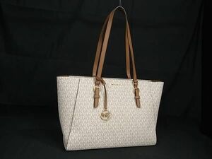 1円 ■新品同様■ MICHAEL KORS マイケルコース MK柄 PVC×レザー トートバッグ ショルダー レディース アイボリー系×ブラウン系 AW3971