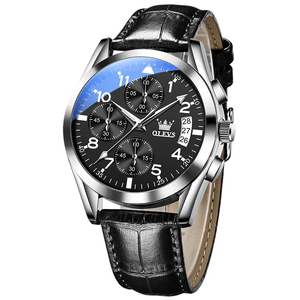 OLEVS メンズ 腕時計 2878 高品質 クオーツ カジュアル ビジネス ファッション レザー ウォッチ クロノグラフ 時計 シルバー × ブラック