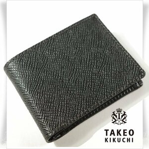 新品1円～★TAKEO KIKUCHI タケオキクチ 箱付き 牛革レザー二つ折り財布 ウォレット ブラック 黒 札入れ 本革 正規店本物◆1224◆