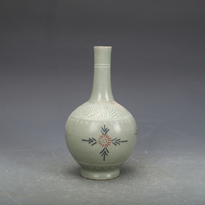 高麗時代 高麗 青磁 花卉紋胆瓶 唐物 中国美術 工芸品 高さ21cm 直径10cm 【RB32】
