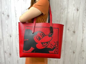 未使用展示品 COACH コーチ キースへリング ディズニー ミッキー トートバッグ ショルダーバッグ バッグ レザー 赤 A4収納可 64369