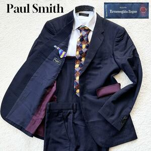 1円～極美品 エルメネジルドゼニア ポールスミス Ermenegildo Zegna Paul Smith スーツ マルチストライプ ネイビー M ジャケット 1スタ