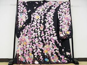 平和屋-こころ店■豪華振袖　刺繍　舞花文　暈し染め　黒地　金糸　銀通し地　正絹　逸品　AAAD0241Bzg