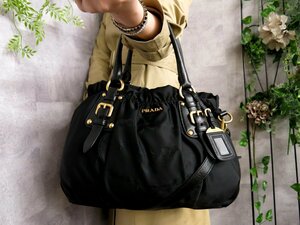 超美品●PRADA プラダ●ロゴ金具●ポコノ ナイロン カーフ レザー 本革●2way ハンド トート バッグ●黒●G金具●B5 収納 かばん●Js45177