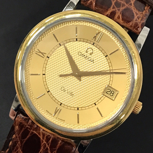 オメガ デビル クォーツ デイト 腕時計 メンズ ゴールドカラー文字盤 未稼働品 純正ベルト OMEGA QR051-49