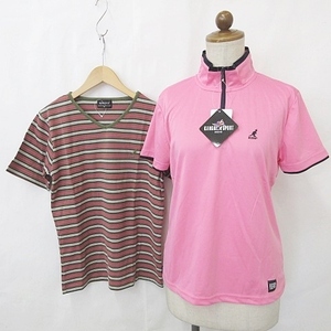 未使用品 カンゴール シャツ Tシャツ 2枚セット 半袖 ハイネック ハーフジップ 配色 Vネック ボーダー ピンク 黒 カーキ 白 M レディース