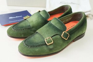 極美品★ SANTONI サントーニ ◆ MANOTA ダブルモンク スエード レザー ローファー UK4.5 (約23.5cm) グリーン ドレスシューズ 靴 ◆2/