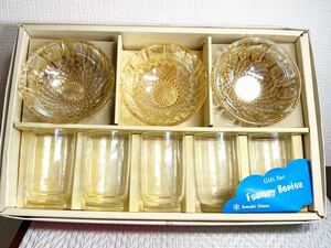 昭和レトロ 佐々木ガラス　ファンタジーシリーズ完品　サラダボウル5客、コップ5客セット　薄琥珀　飴色　アンバーカラー