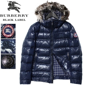 サイズLL 新品 同様 BURBERRY BLACK LABEL 希少カラー ファー付 3WAY ワッペン ダウン ジャケット XL コート紺 バーバリーブラックレーベル