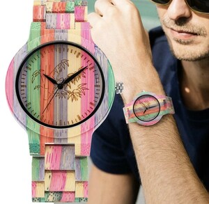 新品!メンズ　レディース　ユニセックス　クォーツ　ハンドメイド　竹製　カラフル　ナチュラル　腕時計