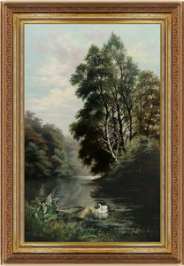 真作保証 アーサー・デイヴィス６０号白鳥の湖 1200万販売三越取扱作19世紀イギリス名画バルビゾン派彷彿の細密最高傑作 見よ！背景の鳥を