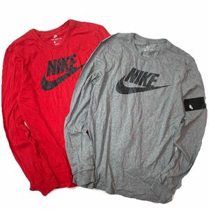 NIKE AA3304-657 フューチュラロゴ赤 AA3304-091 スオッシュロゴ灰 長袖Tシャツ2枚セット 胸元のNikeロゴのスクリーンプリントがポイント L