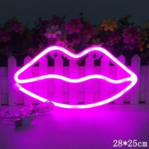 壁掛けオブジェ LED セクシーなリップ型 口唇 2way電源 USB 電池対応 (ピンク)