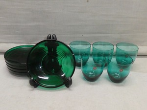 ●Noritake ノリタケ クリスタルグラス 5客＆デザート皿 5枚 セット タンブラー プレート皿 クリスタルガラス グリーンガラス 緑色●