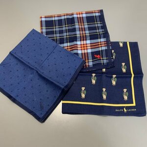 １円〜　Ralph Lauren　ラルフローレン　ハンカチ　3枚　ネイビー　ドット　チェック　ベア　C2065