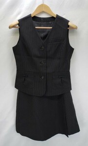 ap0679 ◇ 新品 ★ 事務服 ２点セット S 黒 白 ストライプ キュロット 事務服 リボン 家で洗える ウエストゴム 消臭＆抗菌効果 5AR58