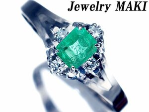 1円～【ジュエリー極】ジュエリーマキ 鮮やかグリーン！天然エメラルド0.36ct＆天然ダイヤ0.09ct 高級Pt500リング a1100io【送料無料】