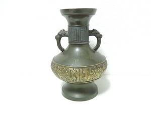【管KI0322】1円～ 鋳銅製 松盛 作 銅製 花瓶 鳥刻 双耳 花器 古美術 骨董