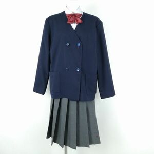 1円 イートン スカート リボン 上下4点セット 大きいサイズ 冬物 女子 学生服 中学 高校 紺 制服 中古 ランクC NA0669