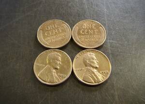  小麦1セントコイン 1950年～1959年4枚セット D刻印 送料無料 （13212）リンカーン 貨幣 硬貨 ペニー 北アメリカ古銭 USA