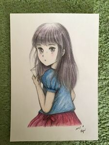 手書きイラスト　女の子　ラブレター③ ★鉛筆　色鉛筆　ボールペン　★画用紙　★サイズ16.5×11.5㎝　★新品