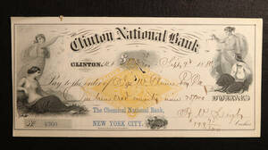 美しいアメリカ小切手！クリントン国立銀行（1880年）American Bank Note Co.！[716] 紙幣