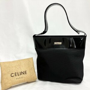 ※※CELINE セリーヌ ロゴ プレート メッシュ ワンショルダー ショルダーバッグ ナイロン×エナメル ブラック 黒 レディース※※