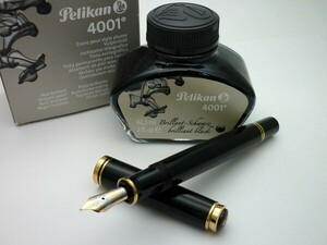 1000円スタート 万年筆 PELIKAN ペリカン SOUVERAN スーベレーン ペン先14C-585 F ブラック×ゴールド インク瓶付 文房具 筆記用具 3 Z716