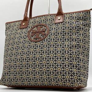 1円【美品】トリーバーチTORY BURCH メンズ ビジネス トートバッグ ハンドバッグ A4 肩掛け デカロゴ 総柄 レザー ネイビー 紺 ブラウン 茶