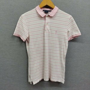 C473 Ralph Lauren GOLF ラルフローレン ゴルフ 半袖 ポロシャツ S ホワイト ピンク ボーダー ワンポイント ポニー 刺繍