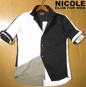 新品 春夏 L ▼ ニコル NICOLE CLUB FOR MEN ▼ 5分袖シャツ メンズ 黒 白 切替しデザイン メンズ MENS 48