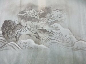 1円 良品 化繊 長襦袢 男性用 和装 浮世絵 龍 波 岩 裂取 高級 渋カッコいい 袖無双 身丈138cm 裄67cm【夢職】★★★