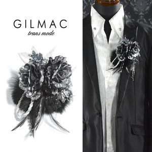 ◆k5704-2 GILMAC コサージュ 薔薇 フェザー ツイストロープ ブローチ メンズ(シルバーブラック黒) 大きめ 結婚式 パーティー 日本製 2way