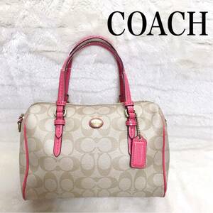 COACH コーチ PVCレザー ミニボストン ハンドバッグ シグネチャー エナメル ベージュ ピンク