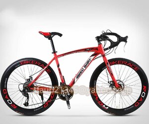 【ケーリーフショップ】 自転車 初心者 赤ロードバイク 24段変速 700C ソリッドタイヤ スチールフレーム 適用身長145-170cm， 通勤 通学