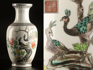 【琴》送料無料 中国美術 中国景徳鎮製 色絵花鳥図花瓶 高36.5cm WJ341